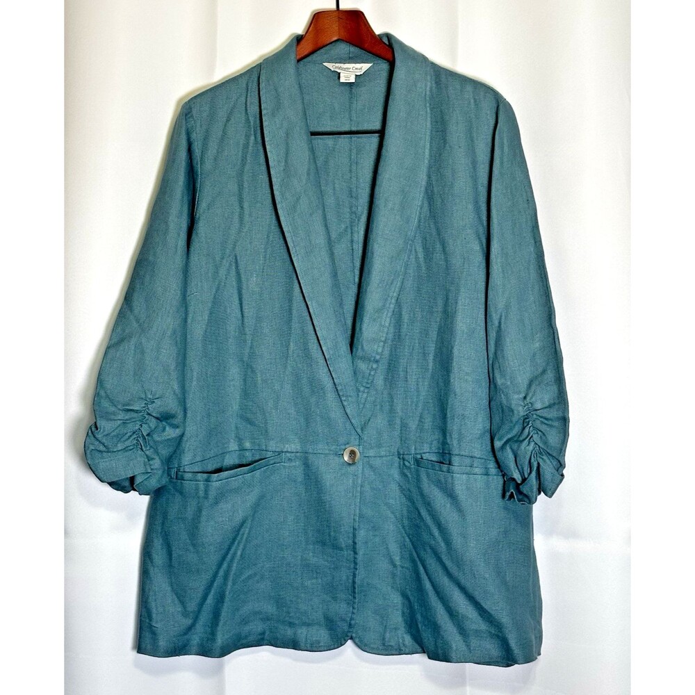 Coldwater Creek Teal Blue 100% Linen Blazer Jacket rouched Sleeve Womens 18 W